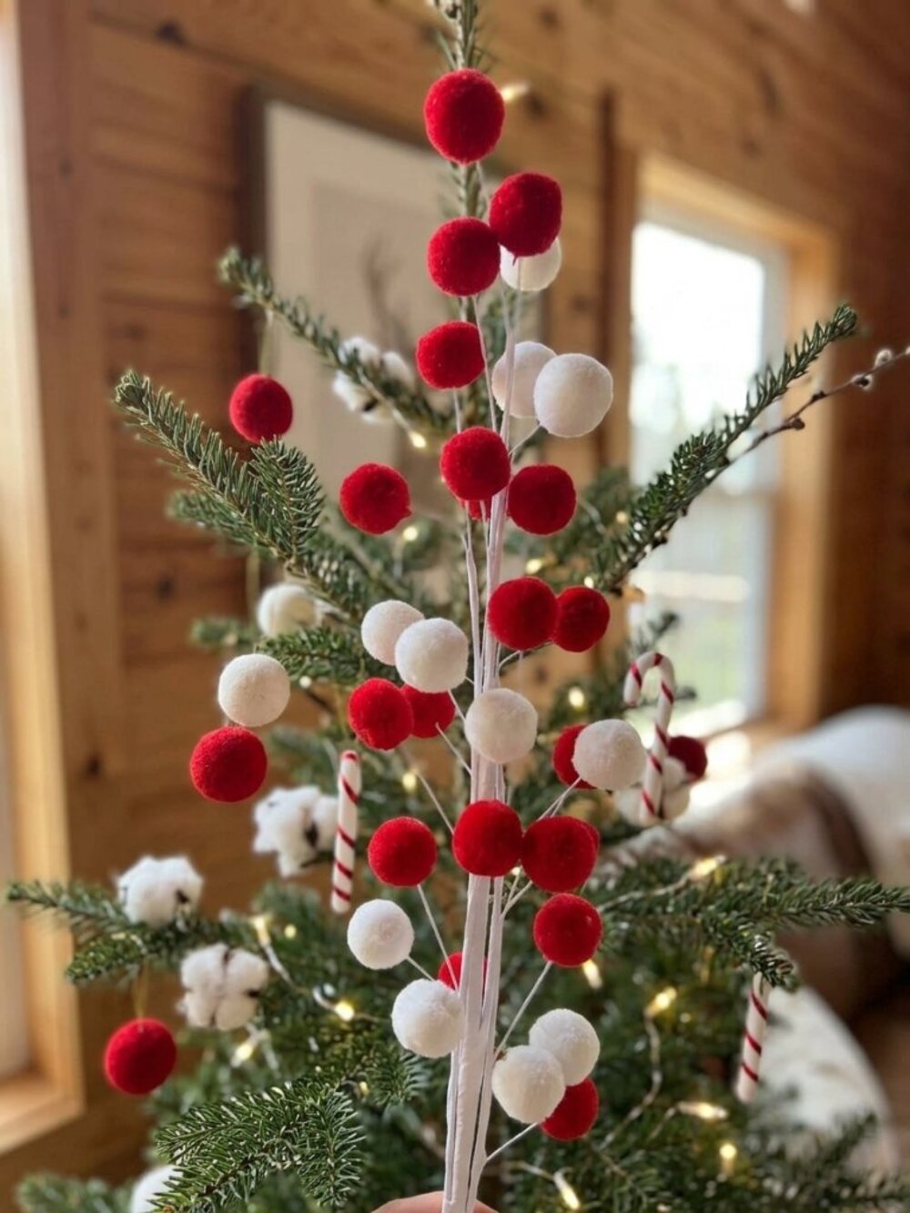 Extra Long 32-inch Red & White Pom Pom Spray - Festive Christmas Tree Decoration
